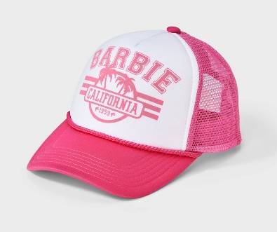 Girls' Barbie California Trucker Hat - Pink: Adjustable Snapback, Midweight Twill, Typography Pattern, Machine Washable