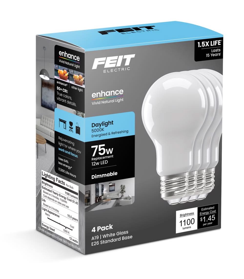 Feit Electric A19 E26 (Medium) Filament Led Bulb Daylight 75 Watt Equivalence 4 Pk