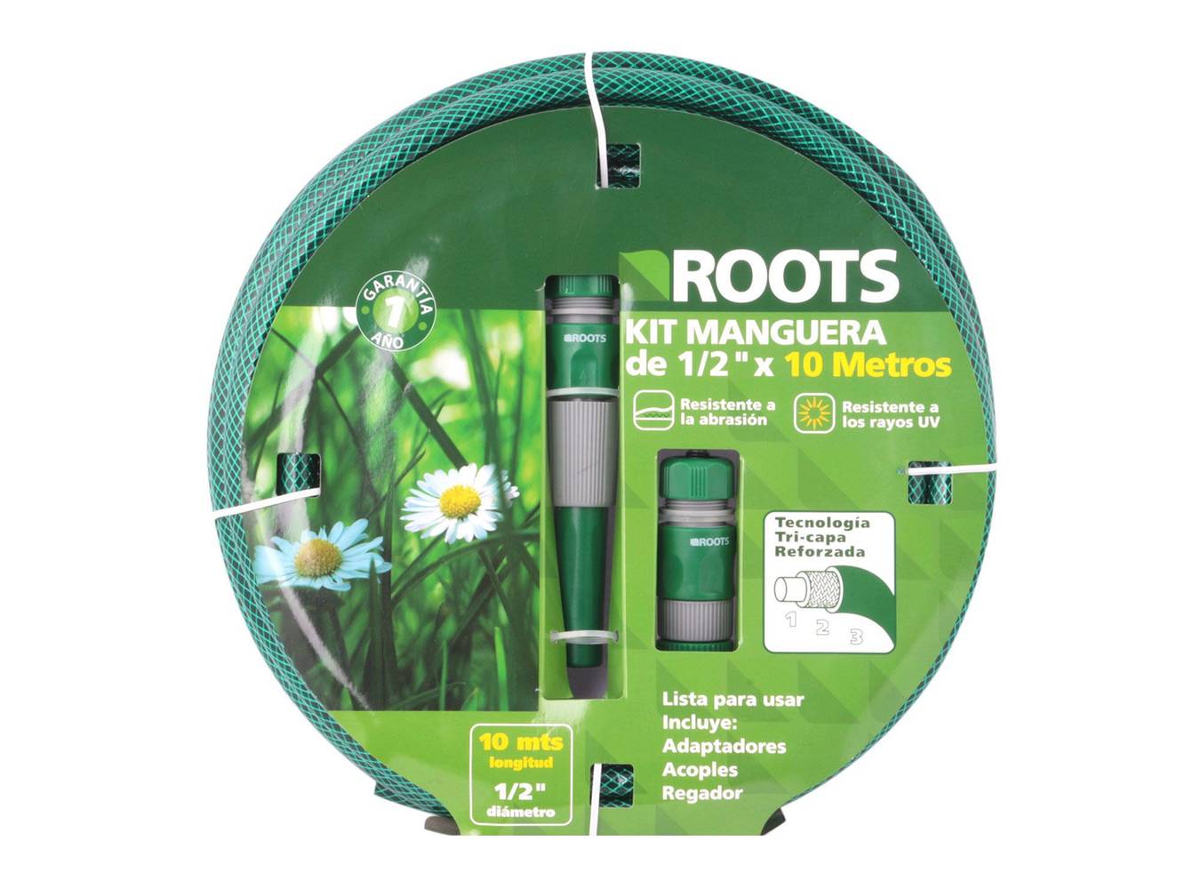 Roots kit manguera 1,2'' 10 m verde (1 adaptador para llave, regador ajustable, 2 acoples rápidos)