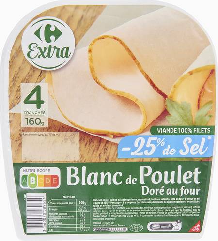 Blanc de poulet réduit en sel CARREFOUR EXTRA - le paquet de 4 tranches - 160g