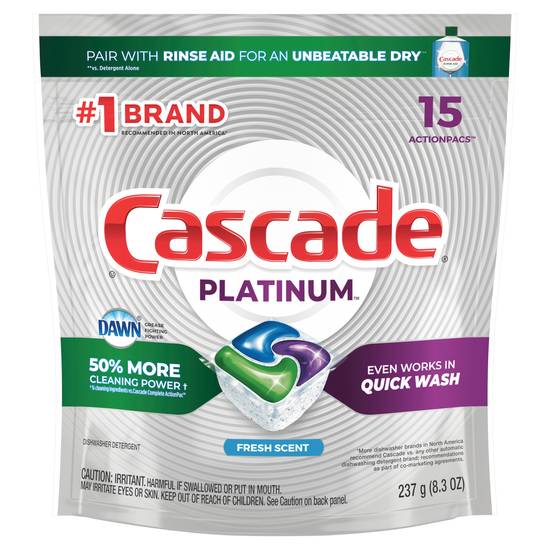 Cascade Platinum ActionPacs Dishwasher Detergent Pods, Fresh, 15 Count
