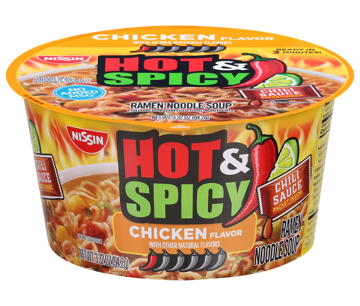 Nissin Hot & Spicy Ramen Noodle Soup, Chicken (3.32 oz)