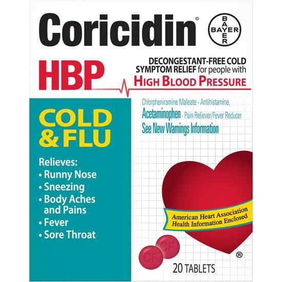 Coricidin HBP, Decongestant-Free Cold & Flu Symptom Relief Tablets, 20 CT