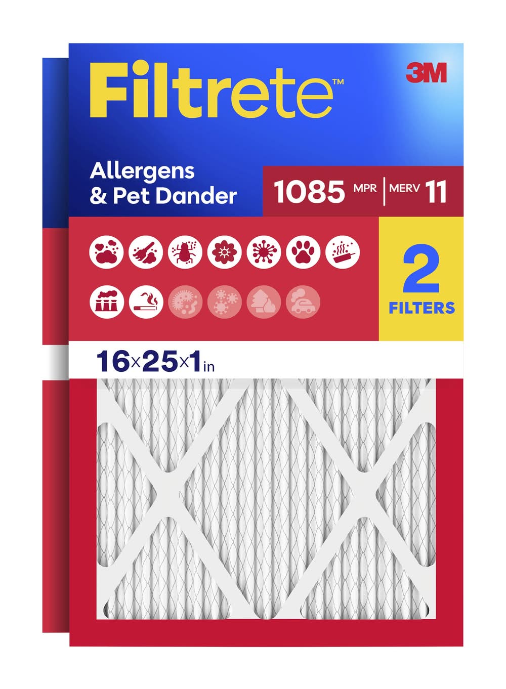 Filtrete 16 x 25 x 1 MERV 11 1085 MPR Allergens Pet Dander Electrostatic Pleated Air Filter 2 -Pack