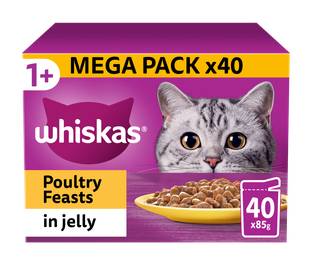 Whiskas 1+ Poultry Feasts Adult Wet Cat Food Pouches in Jelly 40 x 85g