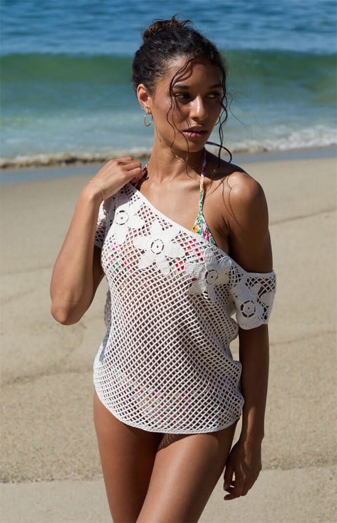 Beverly and Beck Valerie Off-The-Shoulder Short Sleeve Sweater Ivory XS