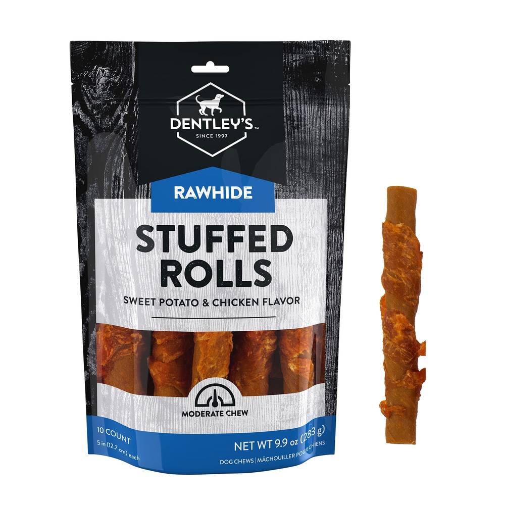 Dentley's Gourmet Rawhide Stuffed Rolls Dog Treats, Sweet Potato-Chicken, 5 In (9.9 oz, 10 ct)