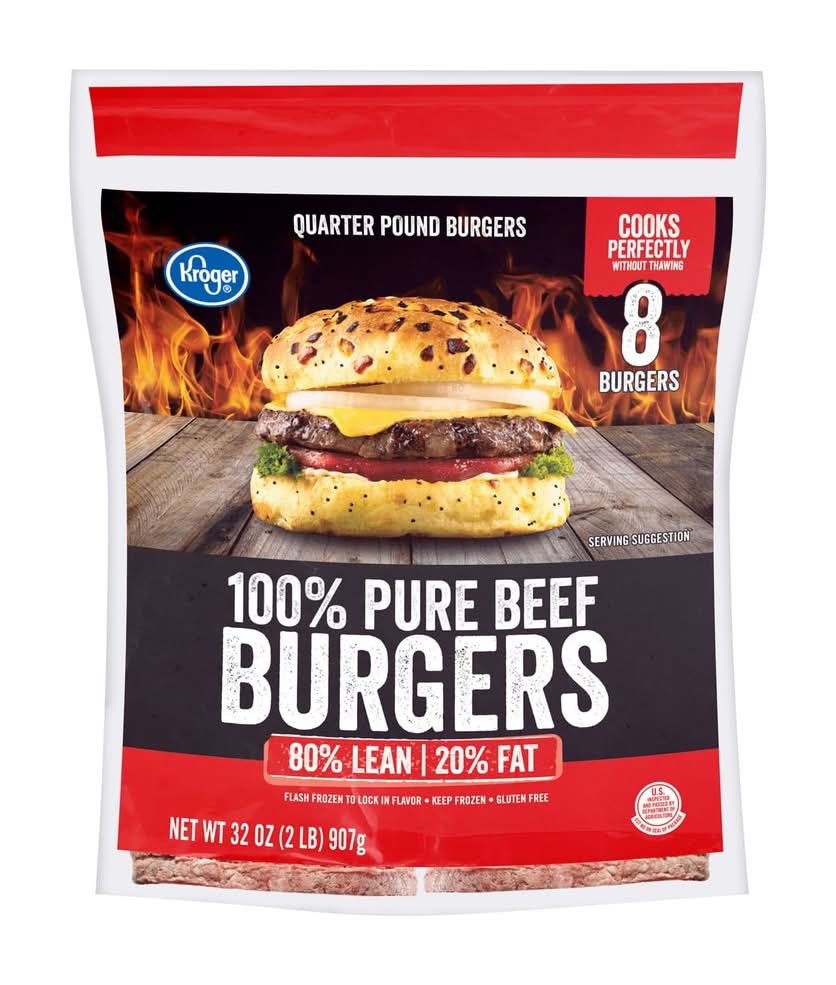 Kroger 100% Pure Ground Beef Quarter Pound Burgers (32 oz, 8 ct)