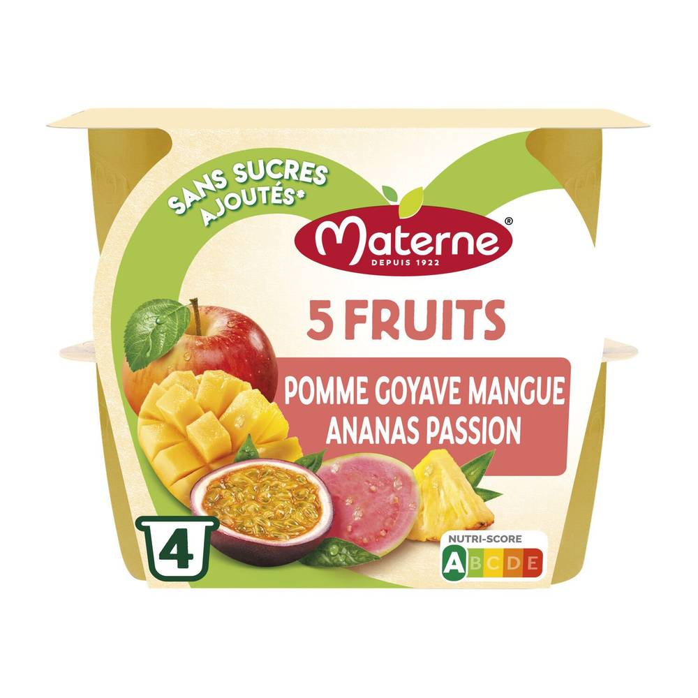 Materne - Compote coupelles 5 fuits exotiques (goyave - mangue - ananas - pomme - passion)