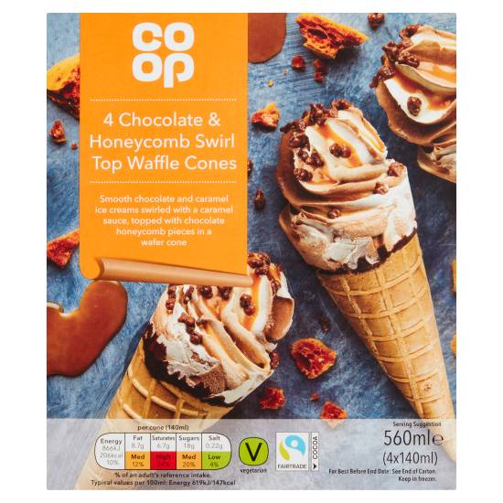 Co-Op Fairtrade 4 Chocolate & Honeycomb Swirl Top Waffle Cones 4 X 140ml (560ml)
