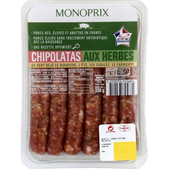 Monoprix Chipolatas Aux Herbes De Porc {Lev{ Sans Traitement Antibiotique La Barquette De 6 = 330 G