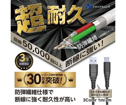 超耐久Type‐Cケーブル　2M　ブラック(Trp-Hduc20W1-Bk)