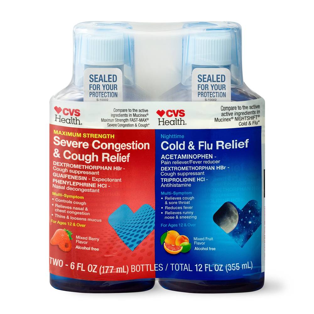 CVS Health Day + Nighttime Maximum Strength Severe Congestion, Cough, Cold & Flu Relief Liquid (6 fl oz, 2 ct)