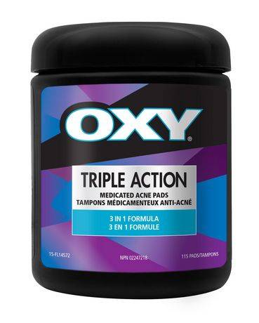 Tampons nettoyants contre l''acné OXY à triple action avec acide salicylique, pour peaux mixtes, acné légère, éruptions récurrentes fréquentes, 115 ct