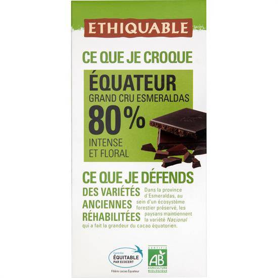 Chocolat noir 80% cacao intense et floral Equateur Bio ETHIQUABLE - la tablette de 100 g