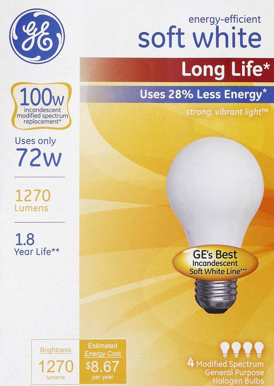 Ge Soft White Long Life Light 72W Replacement For 100W Bulb (4 ct)