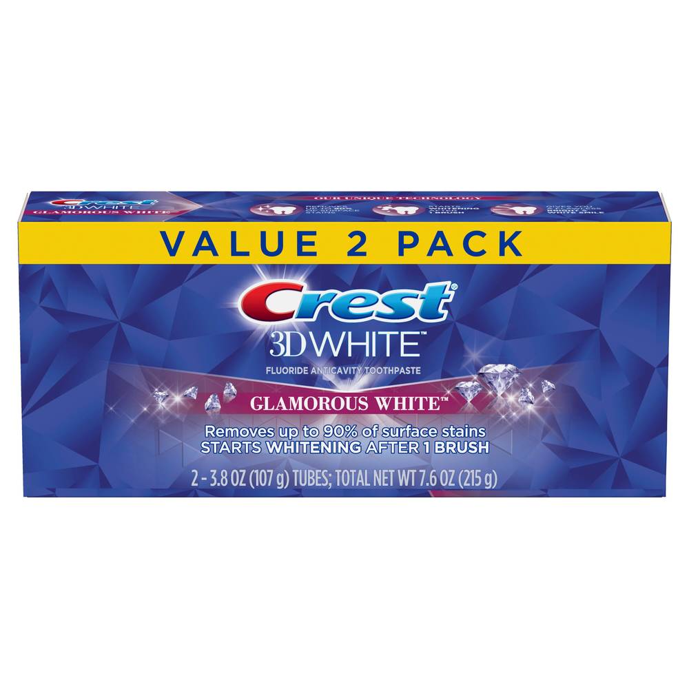 Crest 3D White Fluoride Anticavity Whitening Toothpaste, Glamorous White, 3.8 OZ, 2 pack
