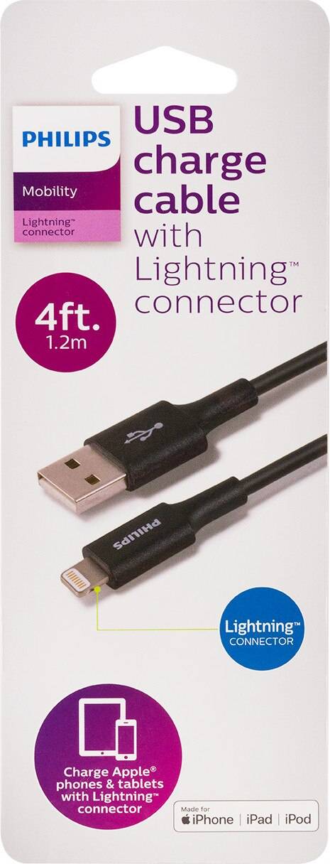 Philips Usb Charger Cable With Lightning Connector, 4 ft, Black