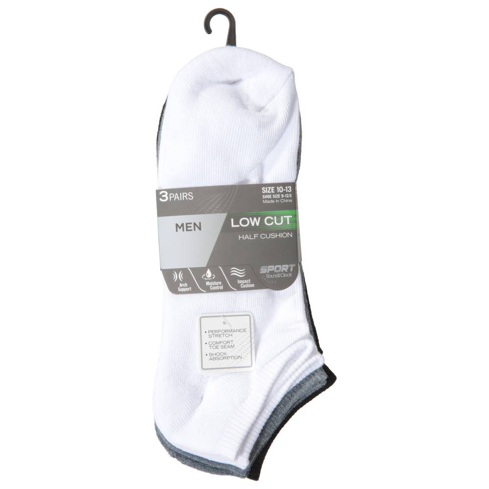 Round the Clock Sport Men Low Cut Socks, 10-13, Black-White-Grey (3 ct)