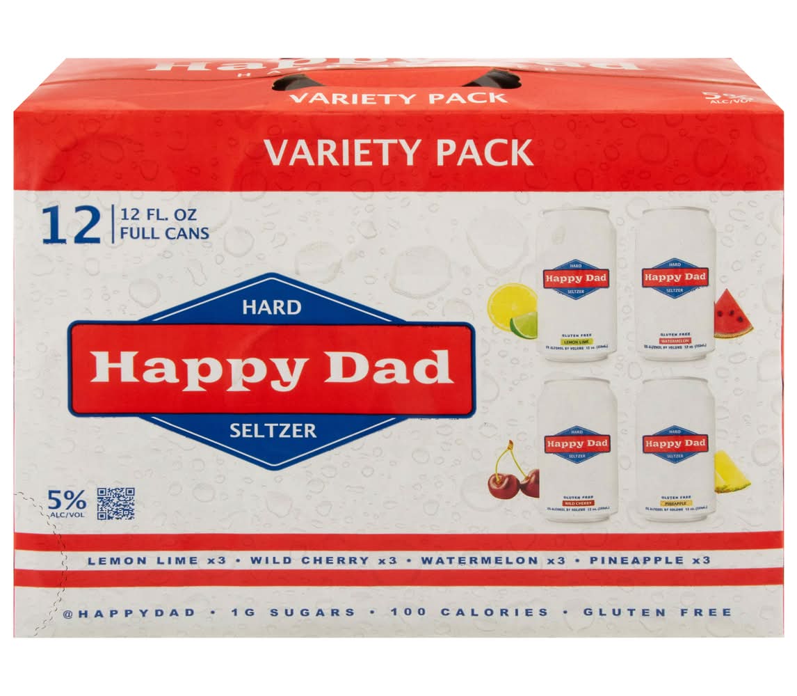 Happy Dad Hard Seltzer Variety pack, Wild Cherry-Lemon Lime-Pineapple-Watermelon (12 x 12 fl oz)