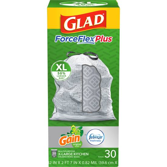 Glad ForceFlex 20 Gallon Large Kitchen Drawstring Trash Bags Gain Original with Febreze Freshness (30 ct)