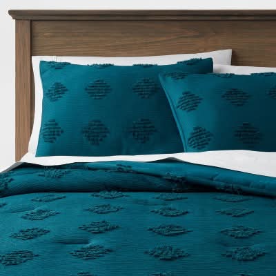 Threshold Tufted Diamond Crinkle Comforter & Sham Set, King, Dark Teal Blue (3 ct)