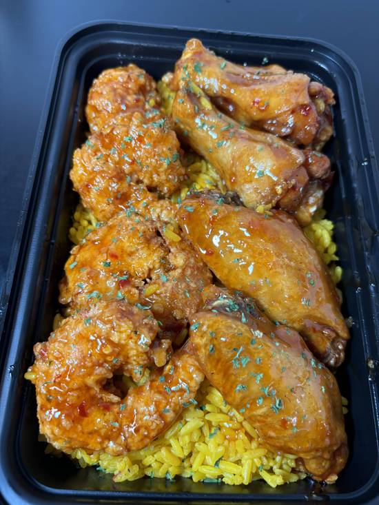 Sweet Chilli Wings & Fried Shrimp w/ Yellow Rice