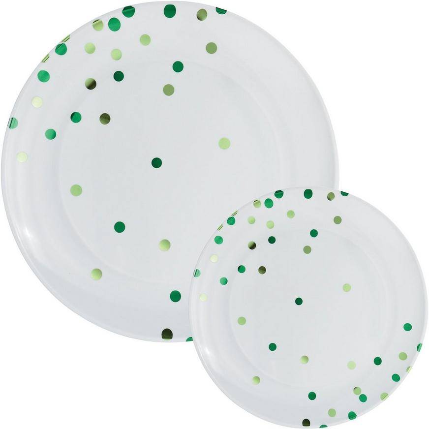 Green Confetti Round Premium Plastic Dinner (10.5in) Dessert (7.5in) Plates, 20ct