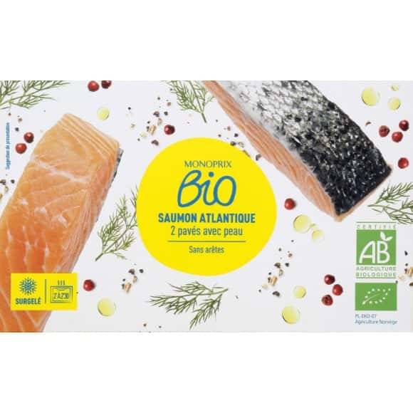 Monoprix Bio Saumon Atlantique Pavés Avec Peau Bio, Sans Arêtes, Surgelé Les 2 Pavés, 200G