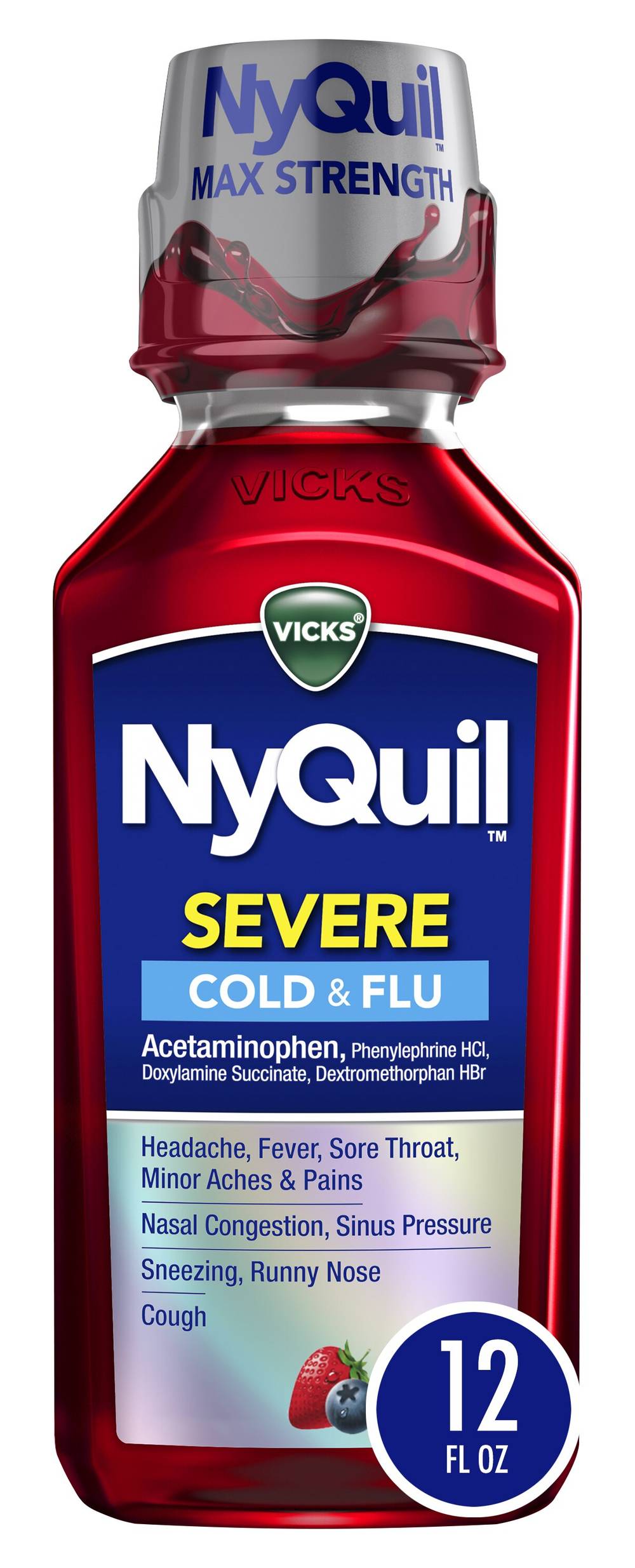 Vicks Nyquil Severe Acetaminophen Cold & Flu Nighttime Relief, Berry (12 fl oz)
