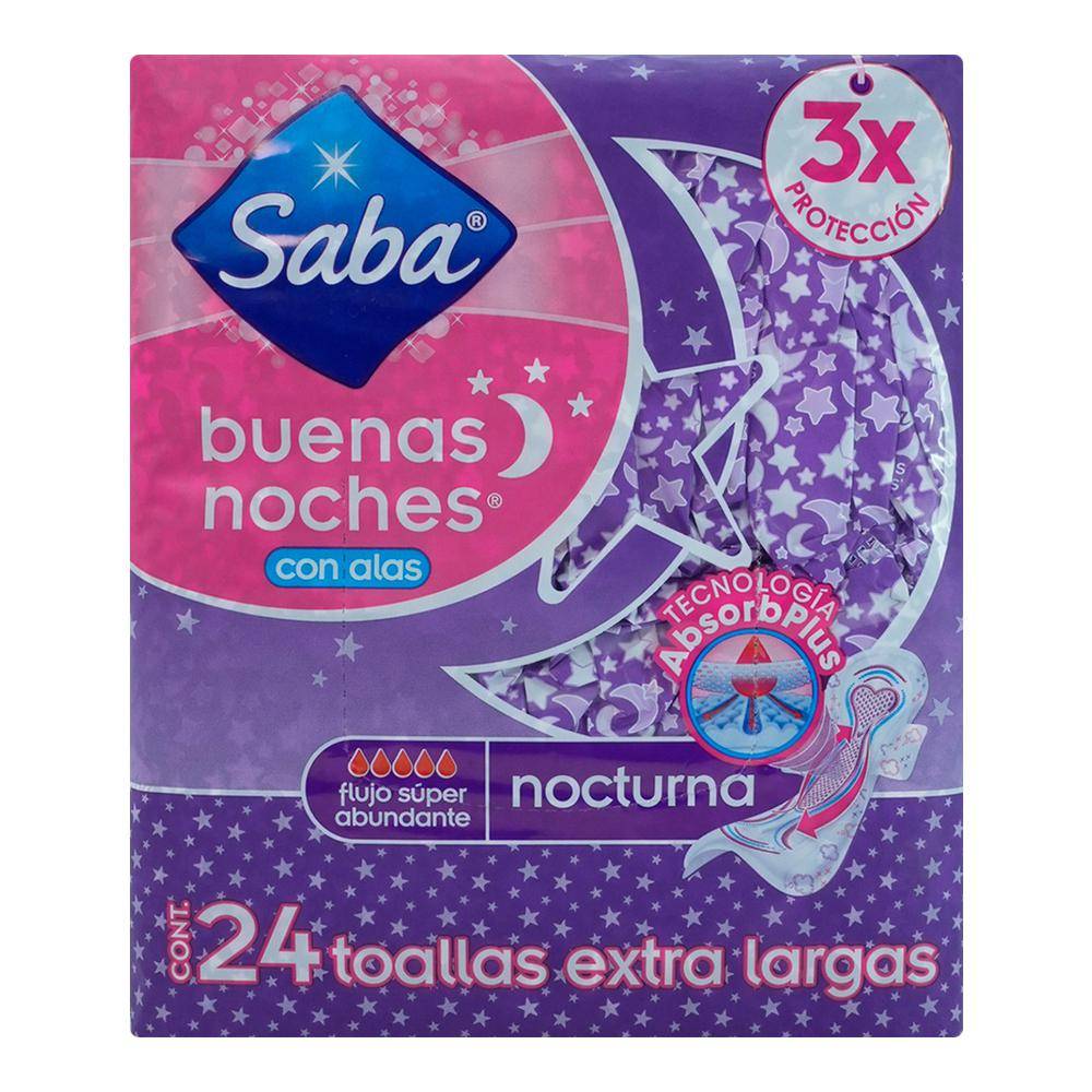 Saba · Toallas femeninas nocturnas extra largas con alas (24 un)