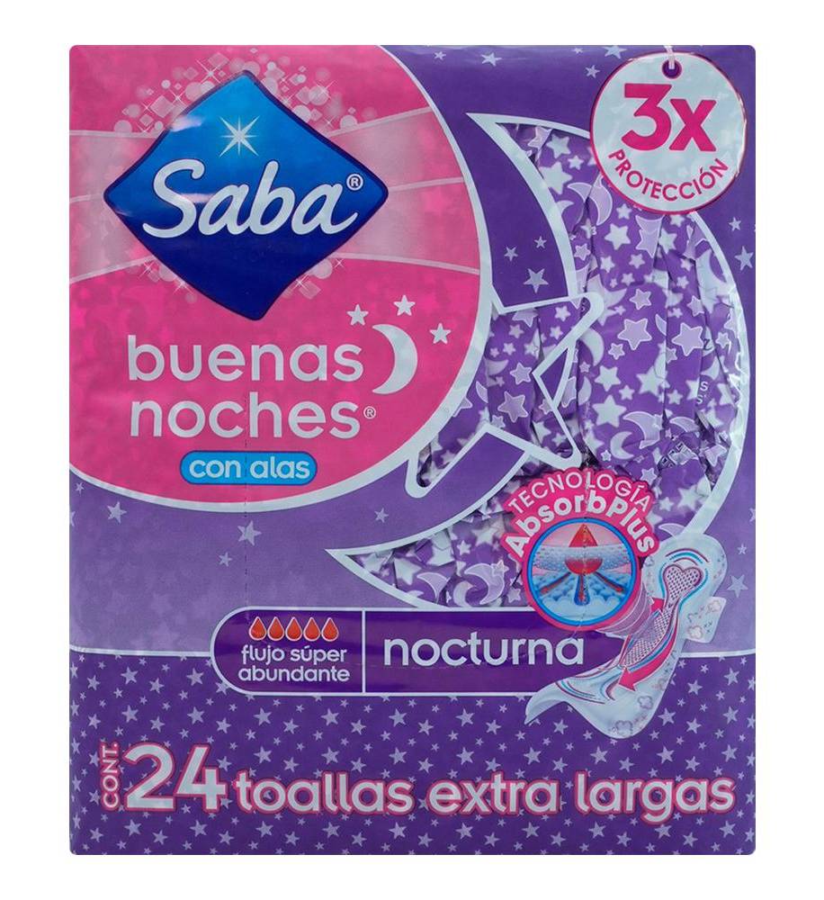 Saba · Toallas femeninas nocturnas extra largas con alas (24 un)