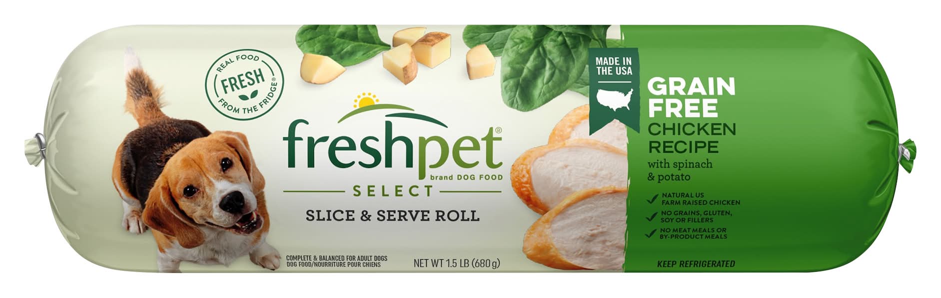 Freshpet Chicken Recipe Spinach & Potato Slice Serve Roll For Dogs, Adult (1.5 lbs)
