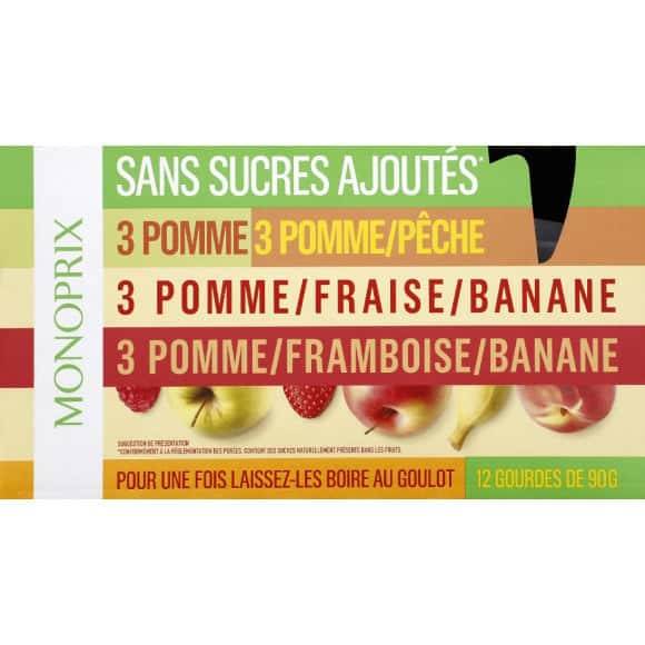 Monoprix Dessert Sans Sucres Ajoutés, 4 Variétés Les 12 Gourdes De 90G