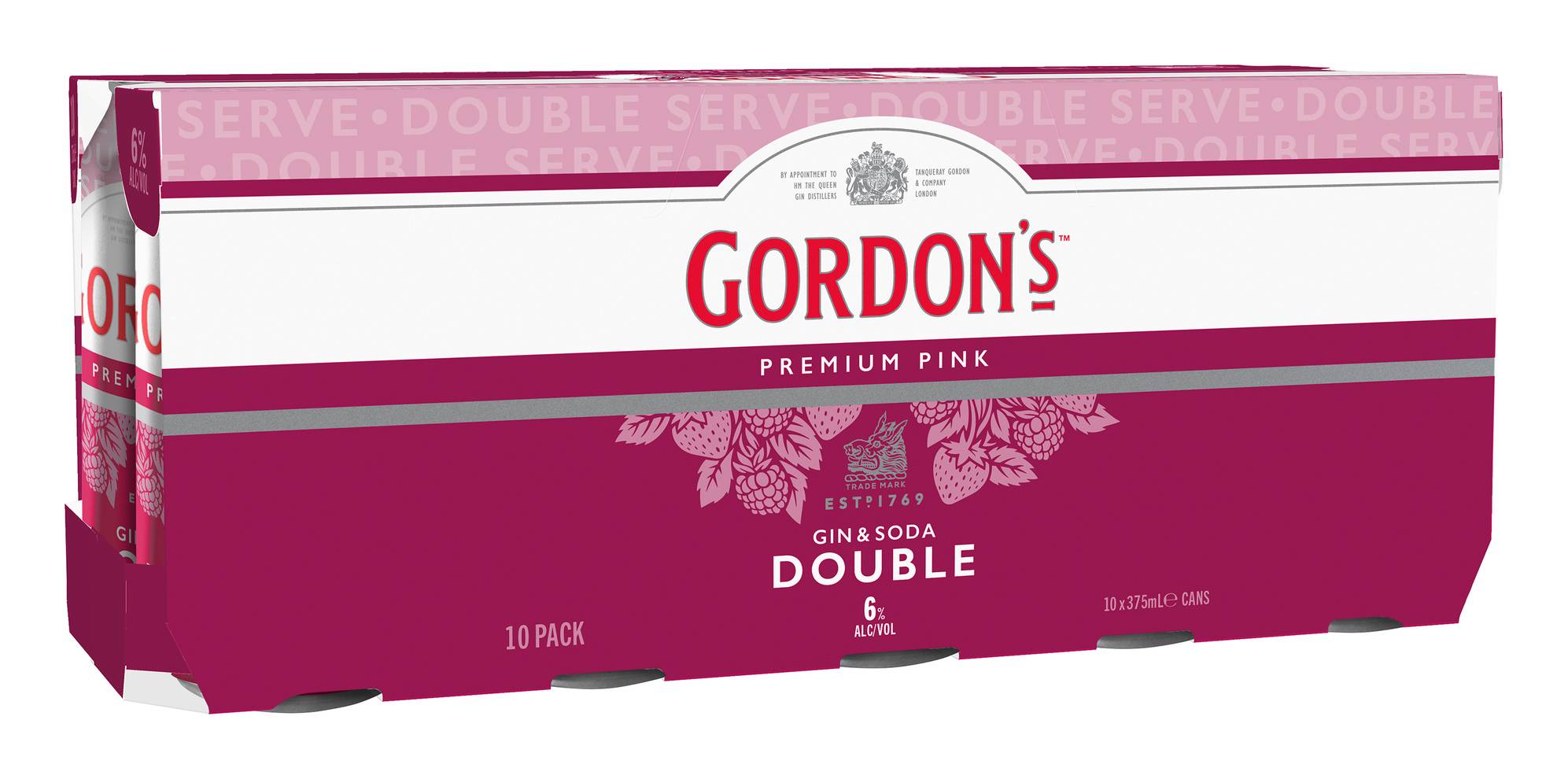 Gordons Pink & Soda Double Serve 6% Can 375mL  10pk X 10 Pack