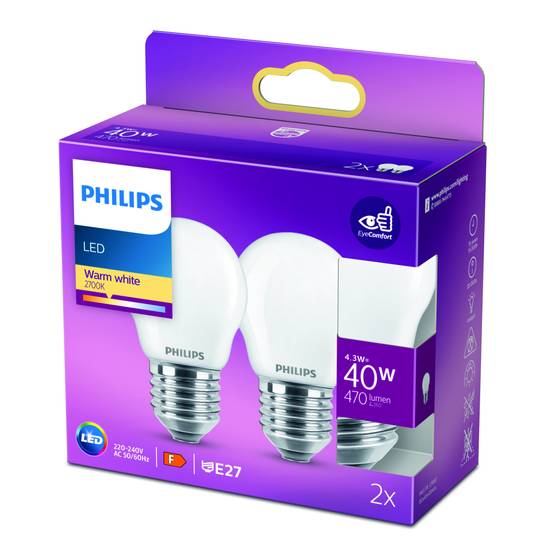 Philips - Ampoules led sphérique e27 40w blanc chaud dépolie verre (2 pièces)