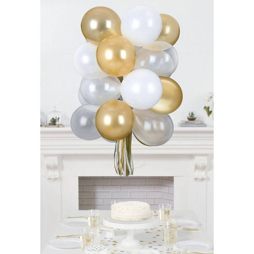 Party City Uninflated Air Filled Latex Balloon Chandelier Kit, 15in x 21in, Gold-White