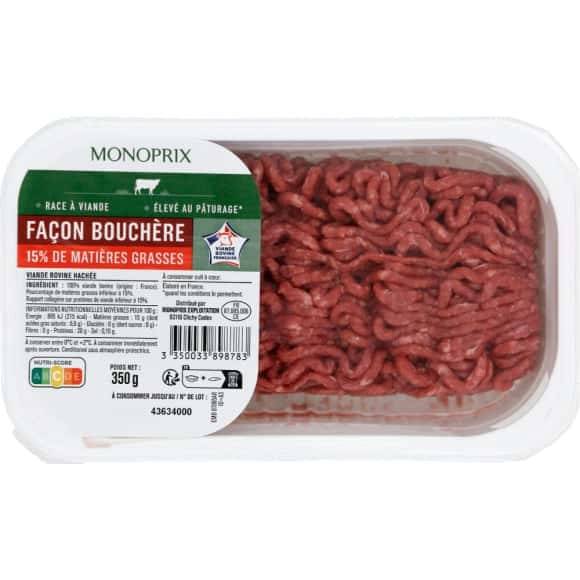 Monoprix Viande Hachée De Boeuf Façon Bouchère 15% Mat. Gr. La Barquette De 350 G