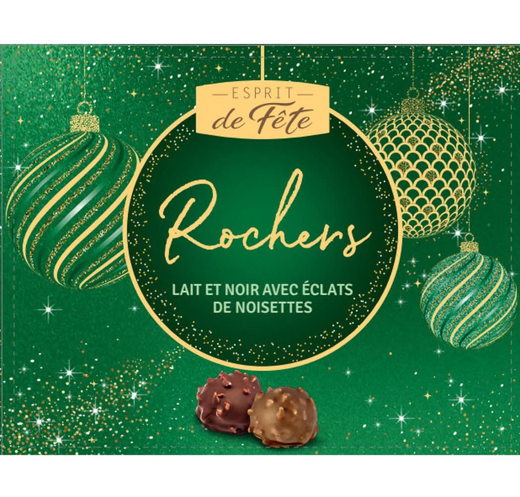 Assortiment de Chocolats Rochers Noirs et Laits avec Eclats de Noisettes ESPRIT DE FETE - la boîte de 212 g