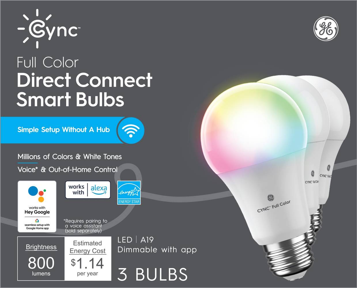 GE Cync 60-Watt EQ A19 Full Spectrum Medium Base (e-26) Dimmable Smart LED General Purpose Light Bulb (3-Pack) | 93129822