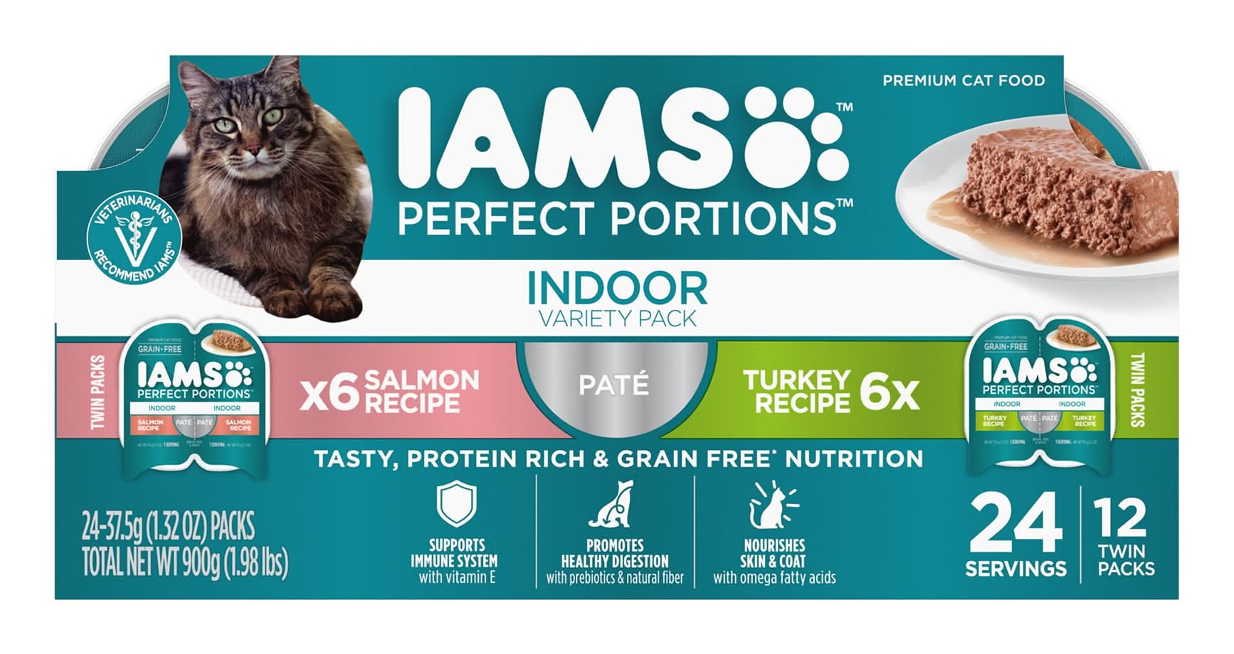 IAMS™ Perfect Portions Indoor Adult Wet Cat Food - Pate, Variety Pack, 12 CT, 31.7 OZ (Flavor: Turkey & Salmon, Color: Assorted)