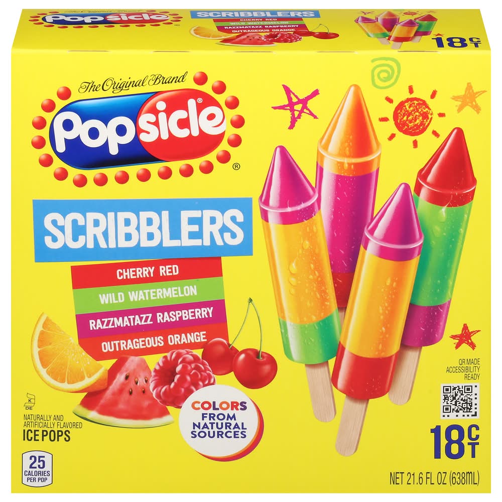 Popsicle Crayola Scribblers Ice Pops, Cherry Red-Wild Watermelon-Razzmatazz Raspberry-Outrageous Orange (21.6 oz, 18 ct)