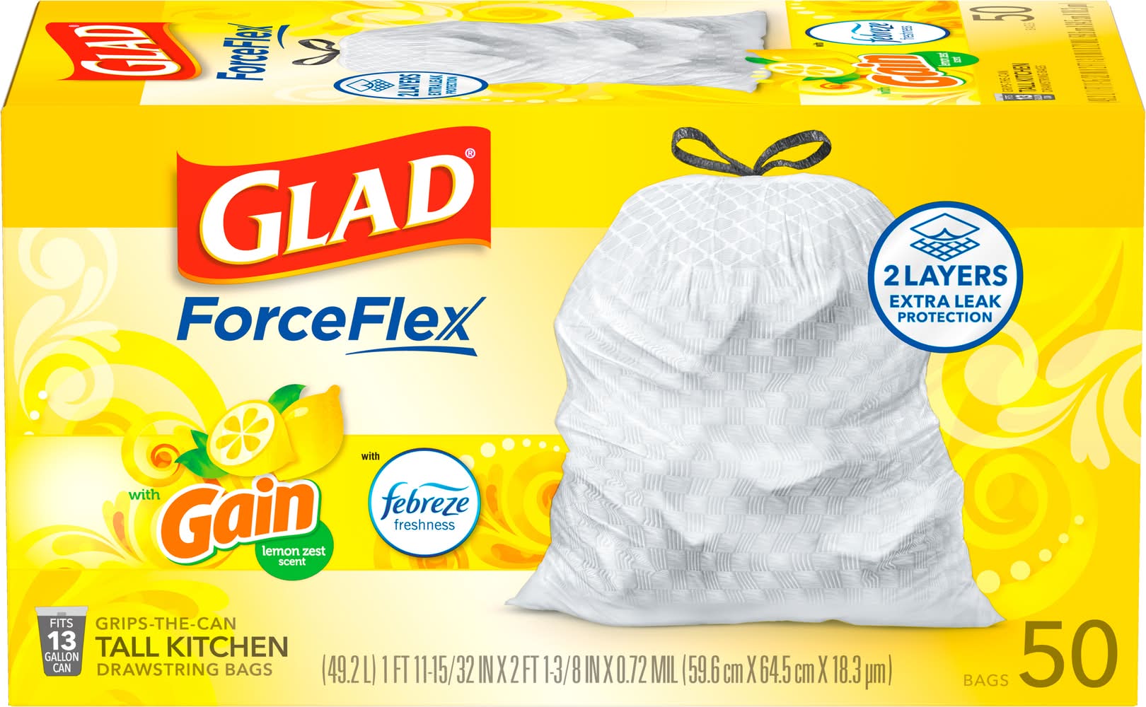 Glad Forceflex Tall Kitchen Drawstring Trash Bags 13 Gal, Lemon Zest, White (50 ct)