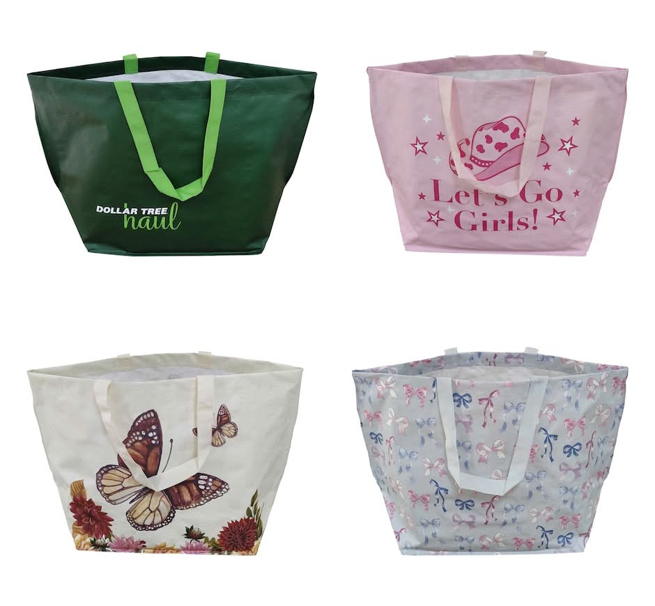 Juncture Reusable Printed Tote Bag, Aqua Blue-Pink-Purple-Red (4 ct)