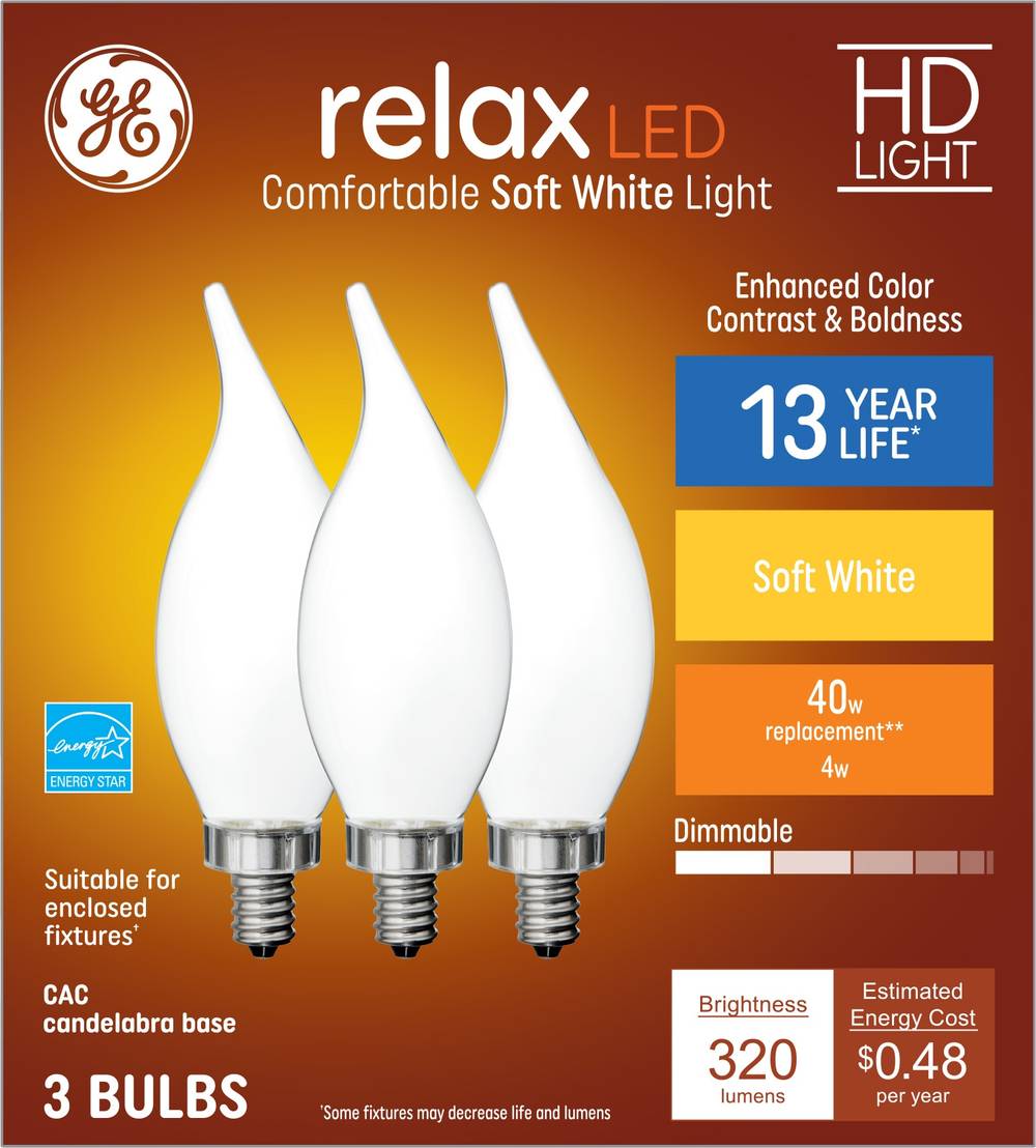 Relax Soft White Hd 40w Led Light Bulbs Decorative Bent Tip Candelabra Base Cac