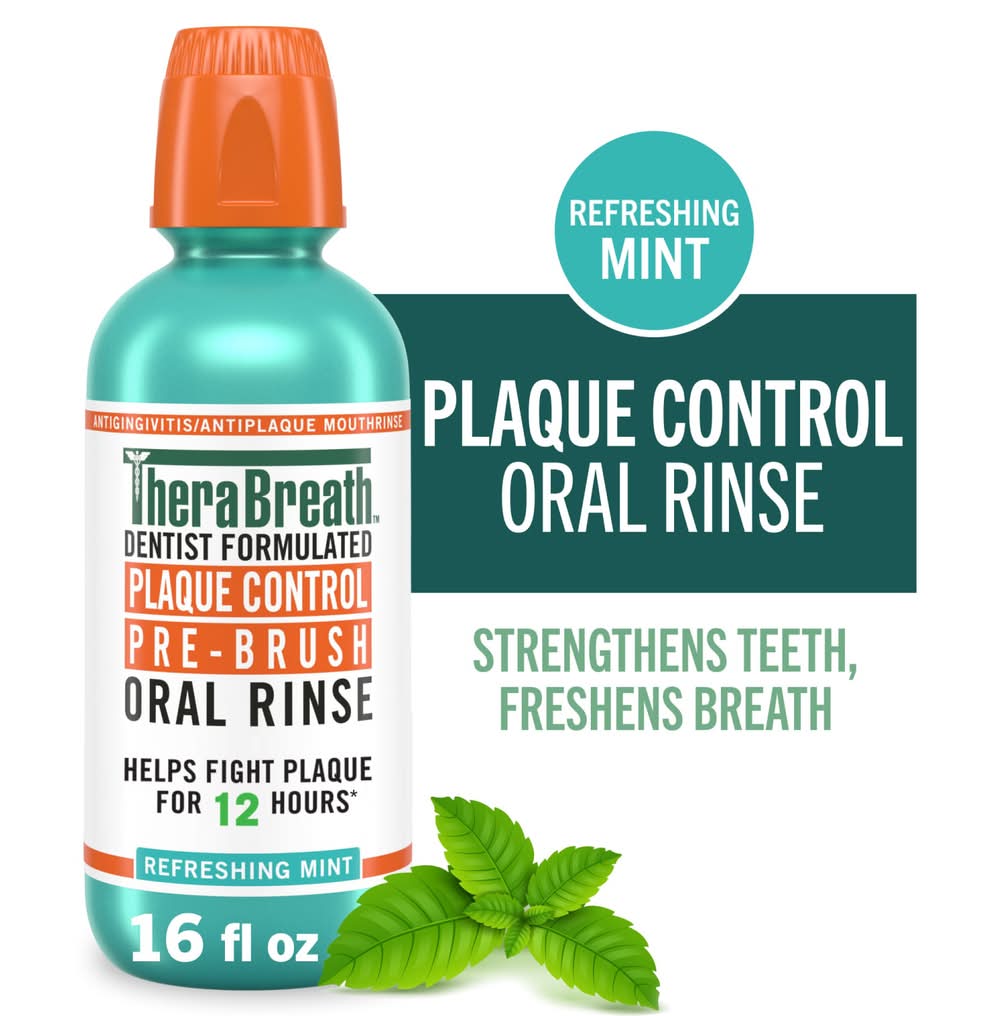 TheraBreath Plaque Control Pre-Brush Oral Rinse, Refreshing Mint (16 fl oz)