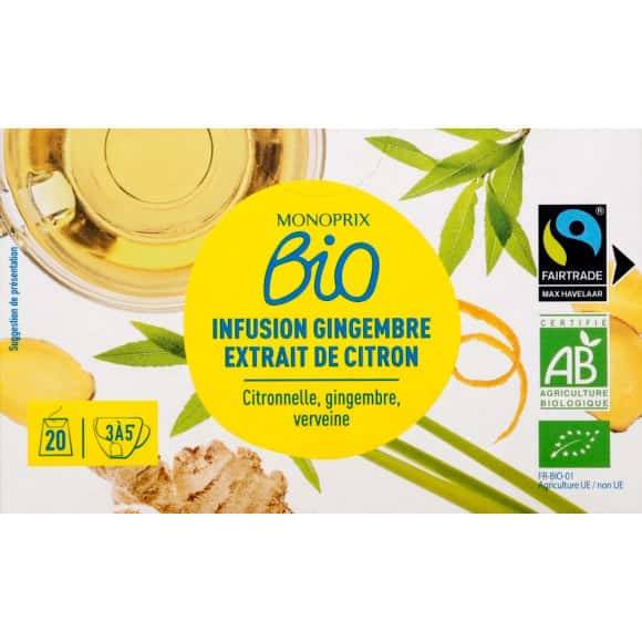 Monoprix Bio Infusion Gingembre Extrait De Citron Bio La Boàþte De 20 Sachets - 30 G