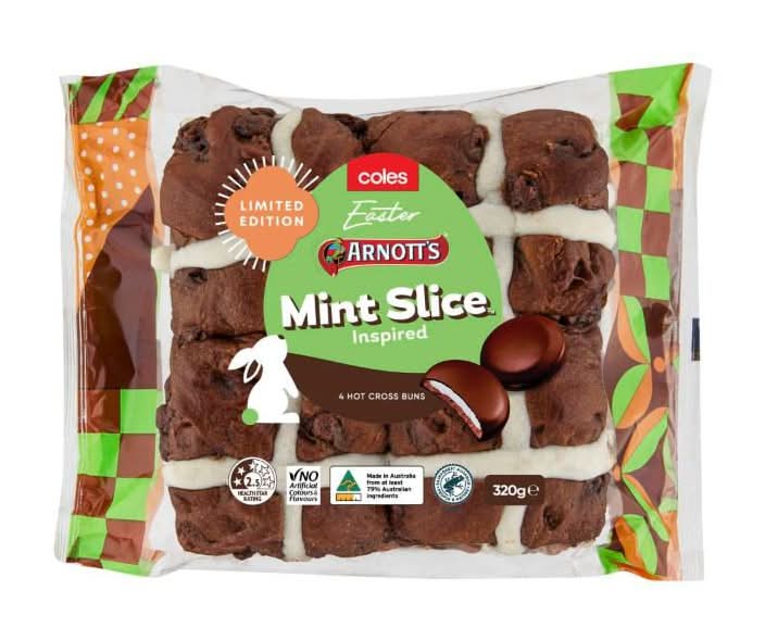 Coles Easter Arnott's Mint Slice Inspired Hot Cross Buns 4 Pack 320g