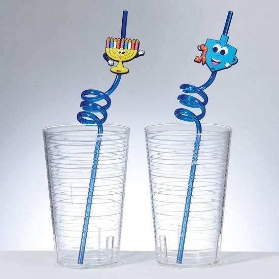 Dreidel Menorah Hanukkah Reusable Plastic Silly Straws, 4ct