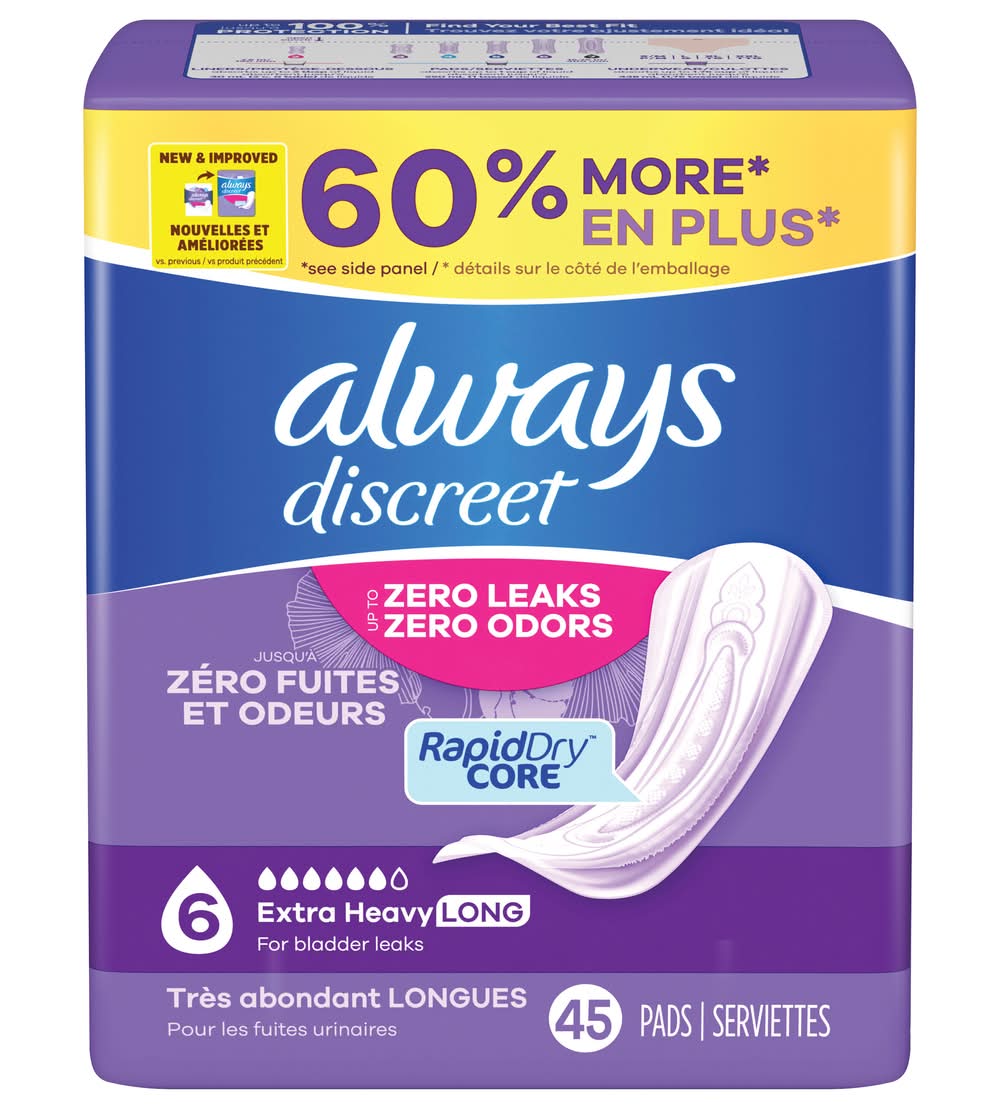 Always Discreet Extra Heavy Absorbency Pads, L (45 ct)